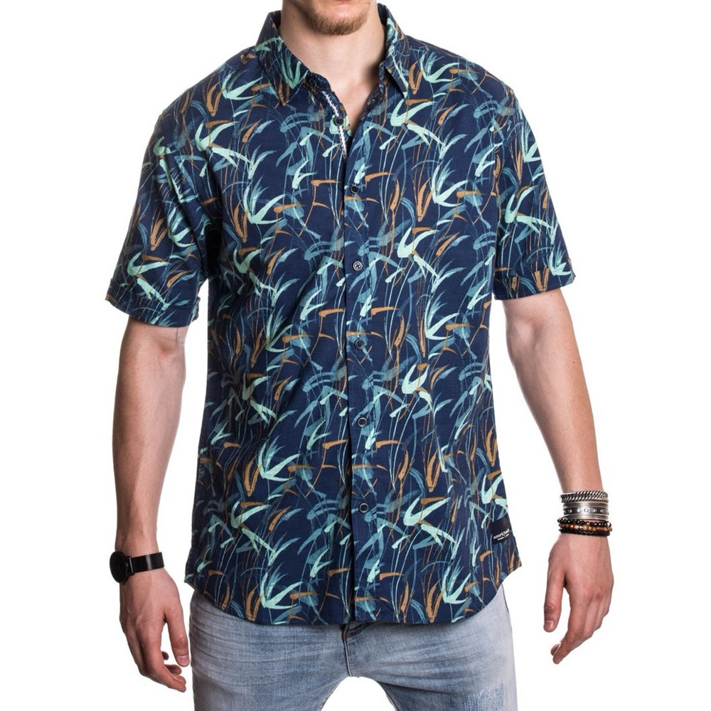 ANERKJENDT MENS BLUE SHORT SLEEVE SHIRT Sz L Prana Vintage Indigo Paint Splatter